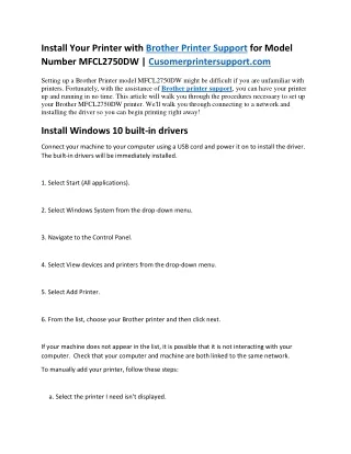 Install Your Printer with Brother Printer Support for Model Number MFCL2750DW