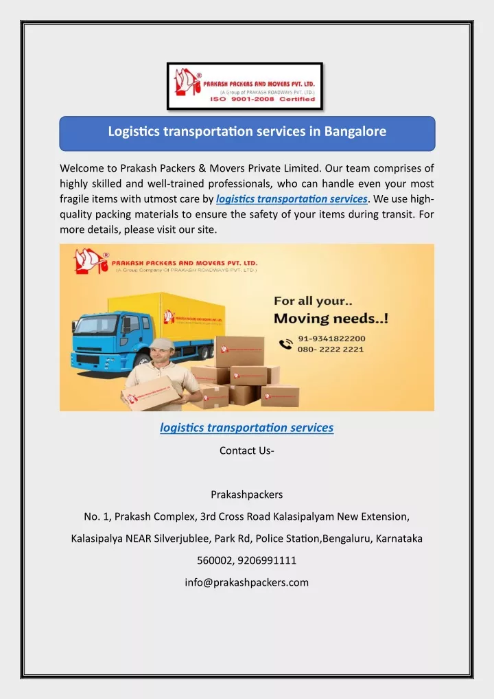 logistics transportation services in bangalore