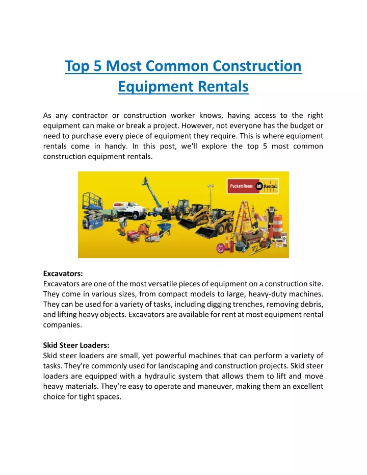 top 5 most common construction equipment rentals
