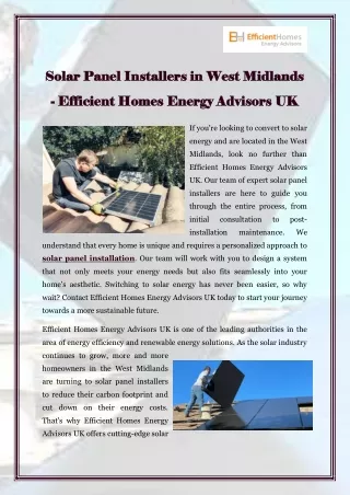 Solar Panel Installers in West Midlands - Efficient Homes Energy Advisors UK