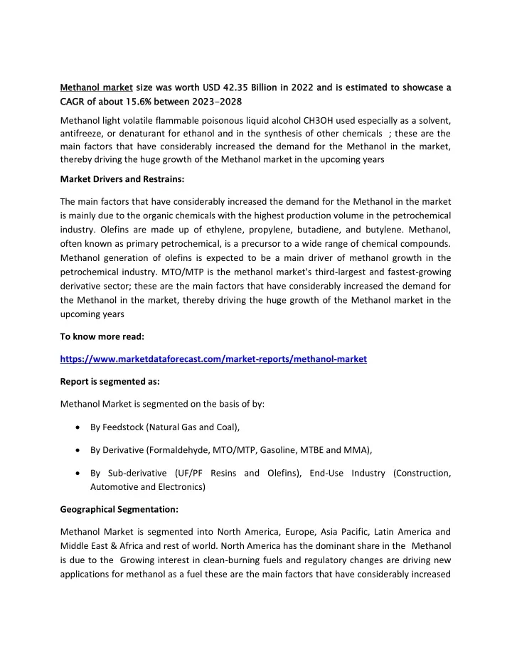 methanol market cagr of about 15 6 between 2023