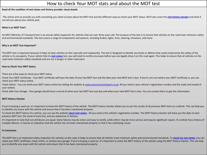 how to check your mot stats and about the mot test