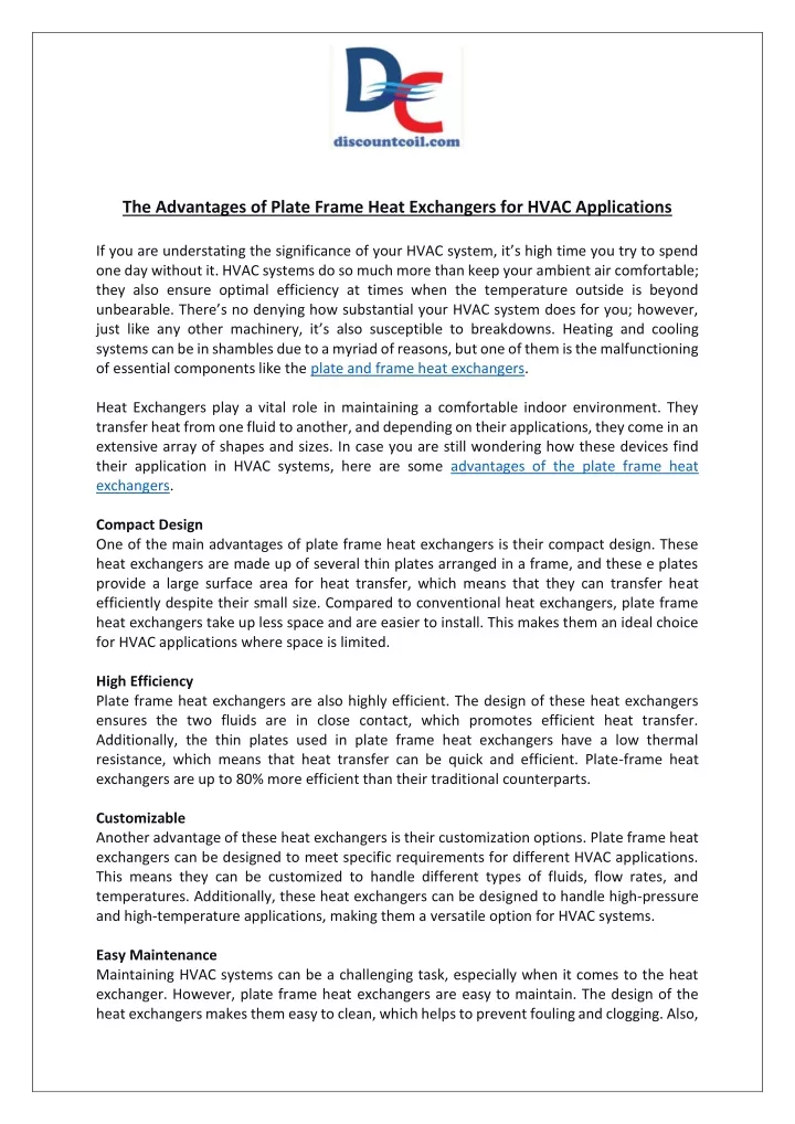 the advantages of plate frame heat exchangers