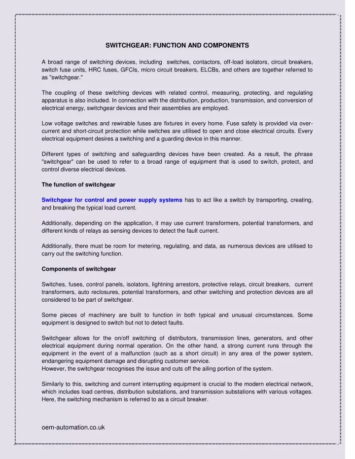 switchgear function and components