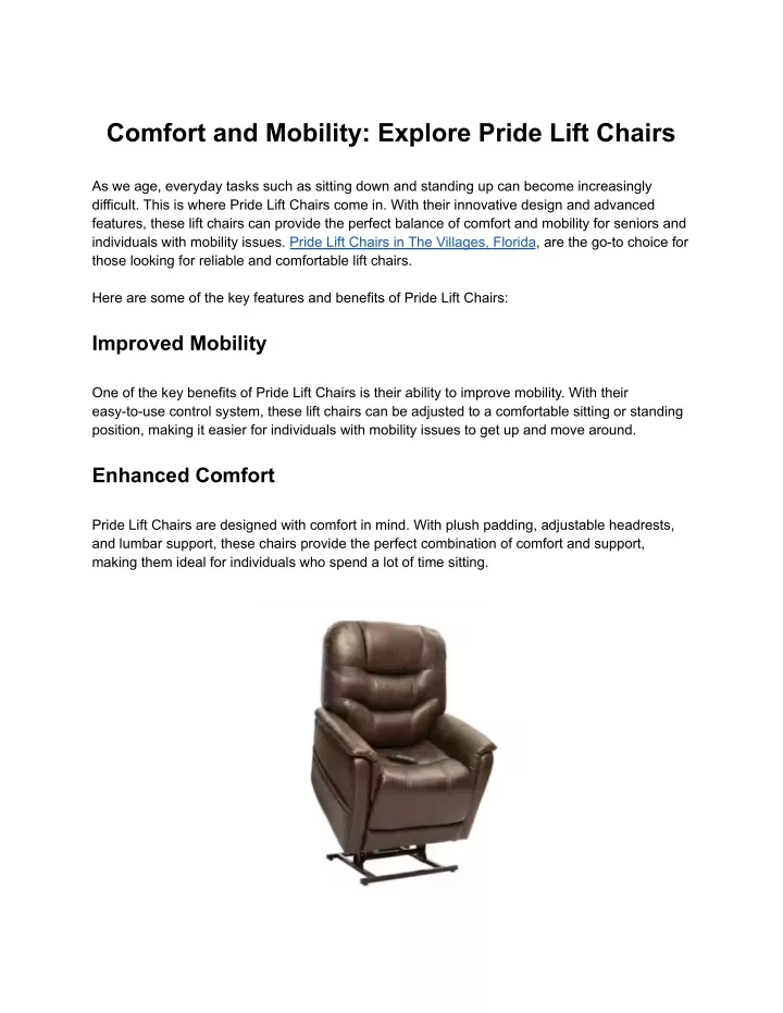 comfort and mobility explore pride lift chairs