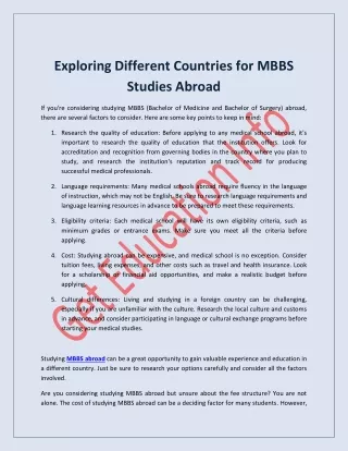 Exploring Different Countries for MBBS Studies Abroad