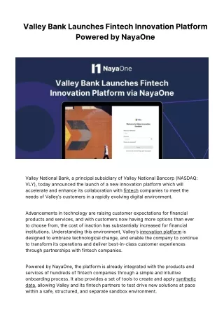 Valley Bank Launches Fintech Innovation Platform Powered by NayaOne