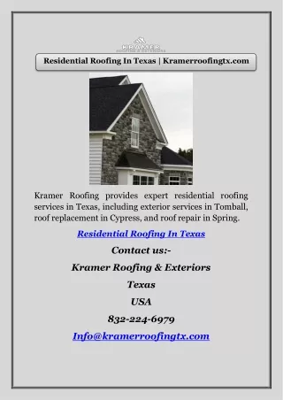 Residential Roofing In Texas | Kramerroofingtx.com