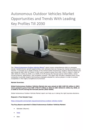 Autonomous Outdoor Vehicles Market Opportunities and Trends With Leading Key Profiles Till 2030