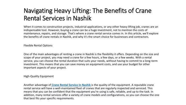 navigating heavy lifting the benefits of crane rental services in nashik