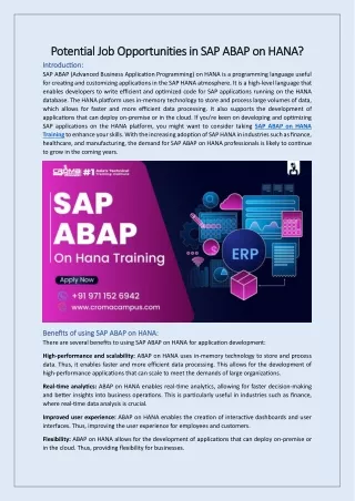 Potential Job Opportunities in SAP ABAP on HANA