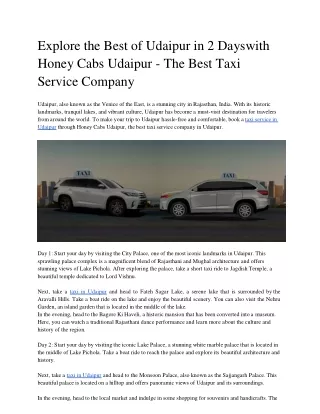 Explore the Best of Udaipur in 2 Days with Honey Cabs Udaipur