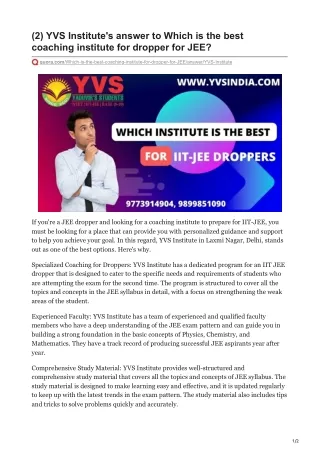 Which is the best coaching institute for dropper for JEE