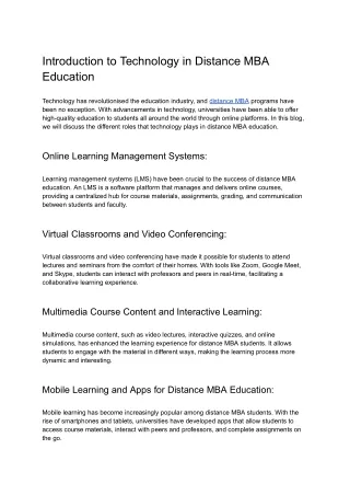 Introduction to Technology in Distance MBA Education