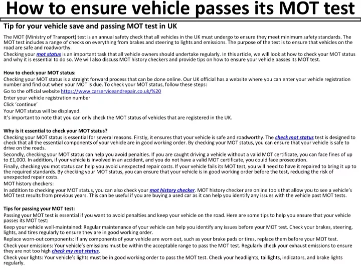 how to ensure vehicle passes its mot test