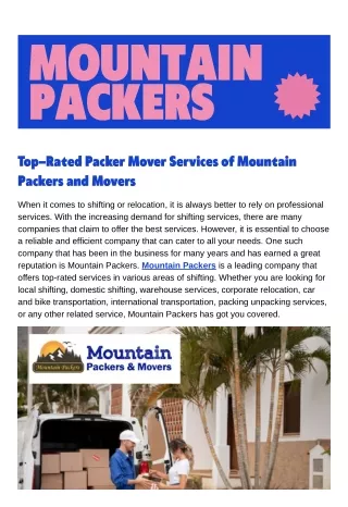 Top–Rated Packer mover Services of Mountain Packers and Movers