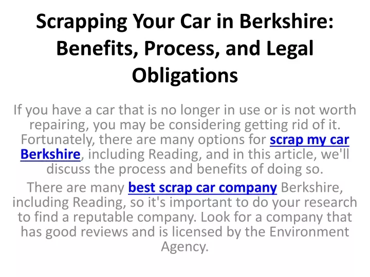 scrapping your car in berkshire benefits process and legal obligations