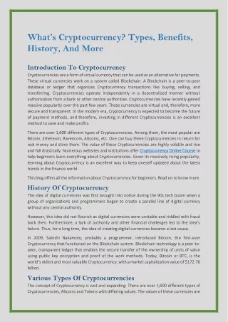 What's Cryptocurrency Types, Benefits, History, and More