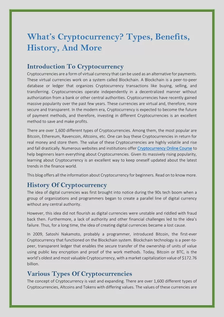 what s cryptocurrency types benefits history