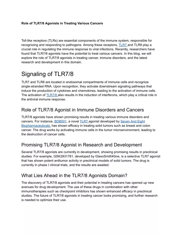 role of tlr7 8 agonists in treating various