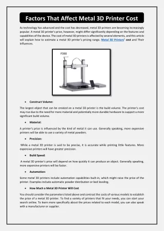 factors that affect metal 3d printer cost