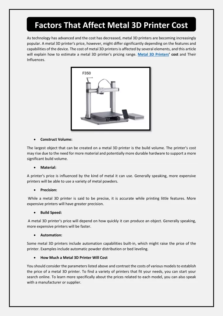 factors that affect metal 3d printer cost