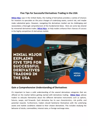 Five Tips from Mikial Nijor on How to Trade Derivatives Successfully in the USA
