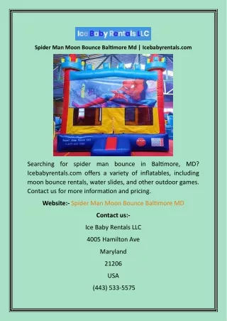 Spider Man Moon Bounce Baltimore Md  Icebabyrentals