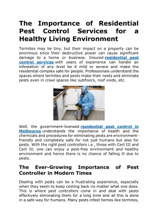The Importance of Residential Pest Control Services for a Healthy Living Environment