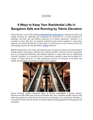 6 Ways to Keep Your Residential Lifts in Bangalore Safe and Running Tips by Teknix Elevators