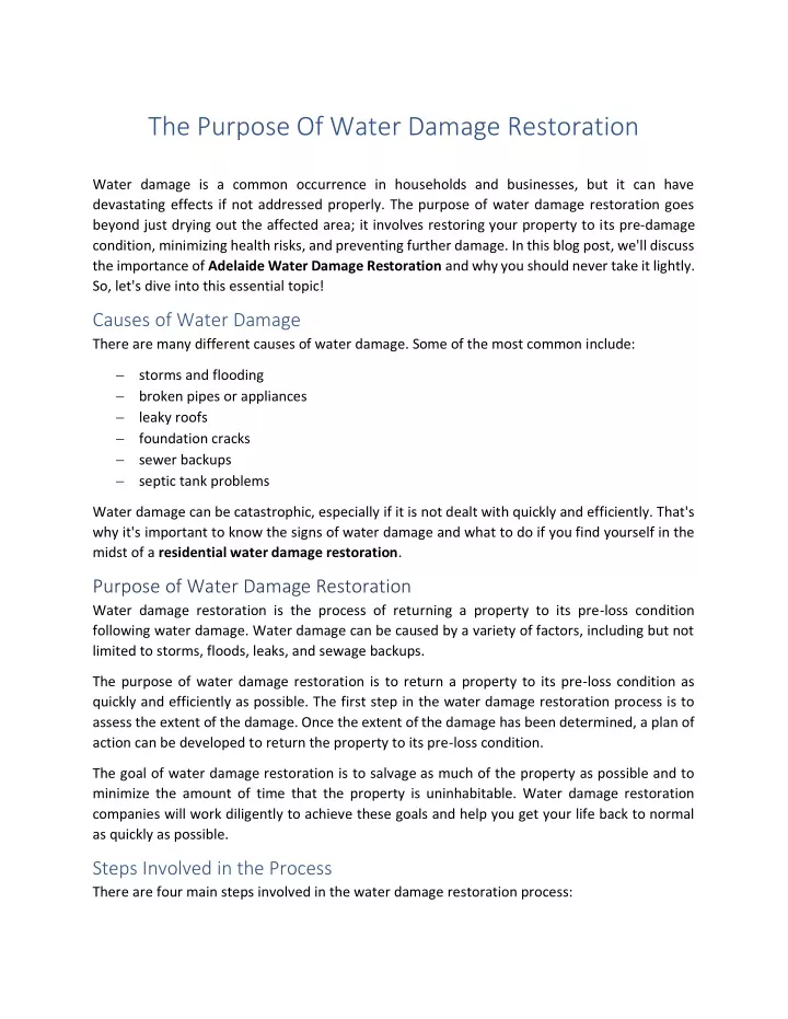 the purpose of water damage restoration