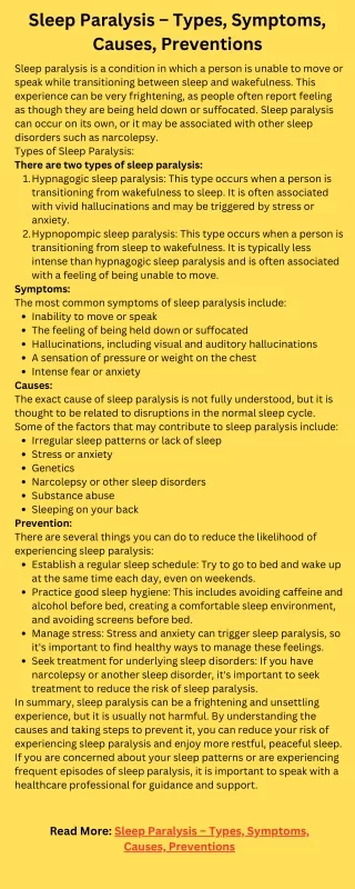 Sleep Paralysis – Types, Symptoms, Causes, Preventions