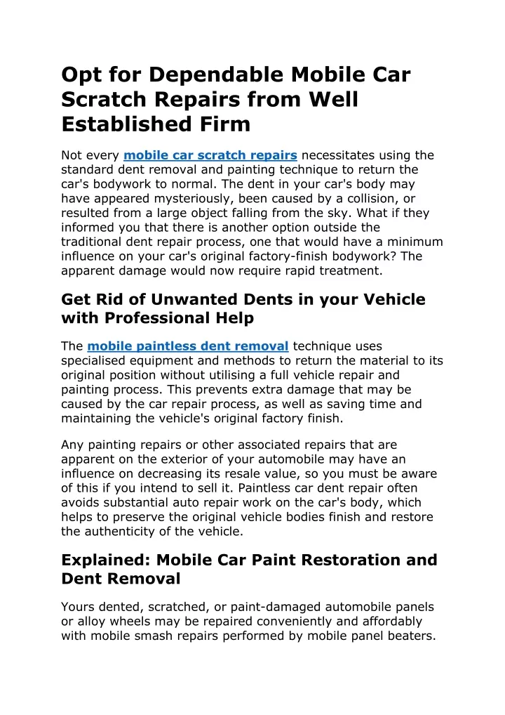 opt for dependable mobile car scratch repairs