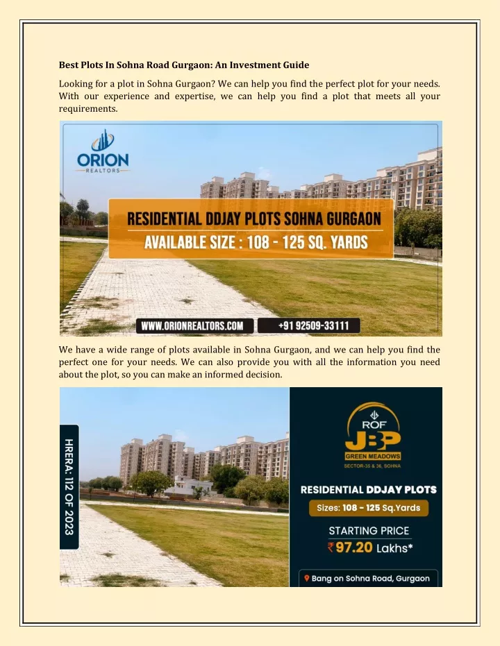 best plots in sohna road gurgaon an investment