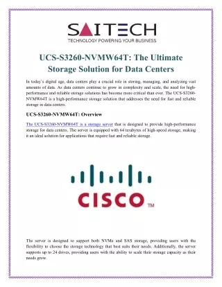 UCS-S3260-NVMW64T The Ultimate Storage Solution for Data Centers