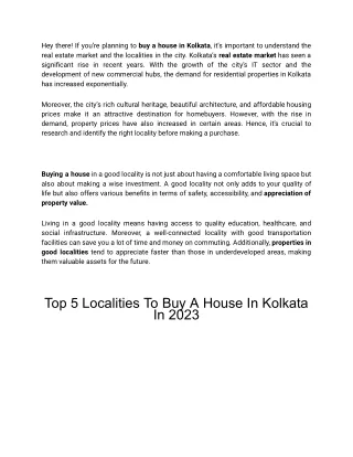 Best Localities To Buy A House In Kolkata