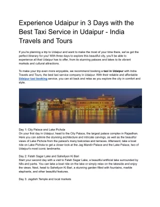 The best taxi service in Udaipur for a 3-day experience | India Travels & Tours