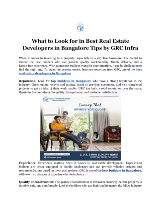 What to Look for in Best Real Estate Developers in Bangalore Tips by GRC Infra