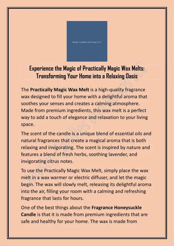 Mystic Candles and Soaps LLC Sells Practically Magic Wax Melt