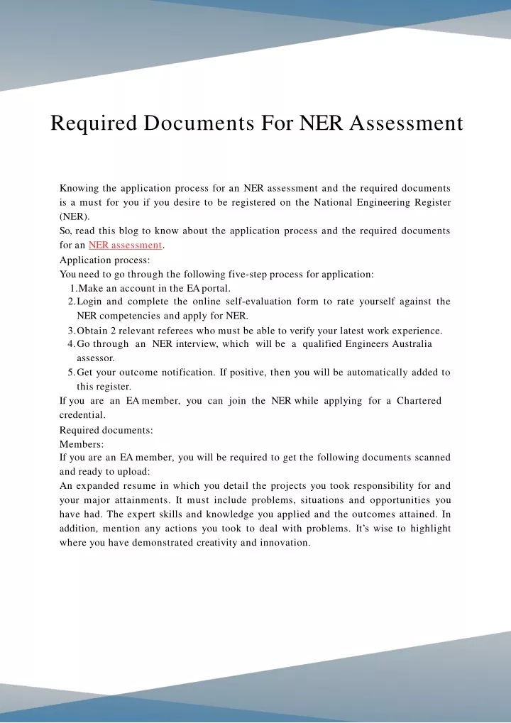 required documents for ner assessment