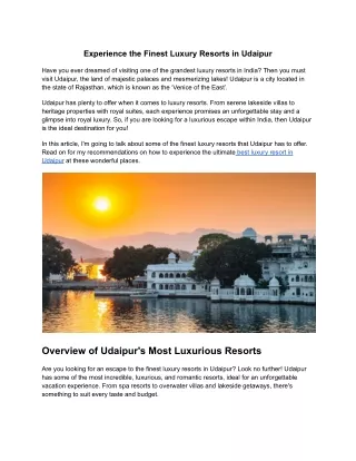 Experience the Finest Luxury Resorts in Udaipur