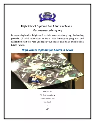High School Diploma For Adults In Texas  Mydreamsacademy.org