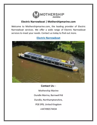 Electric Narrowboat  Mothershipmarine.com