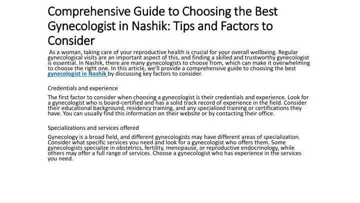 comprehensive guide to choosing the best gynecologist in nashik tips and factors to consider