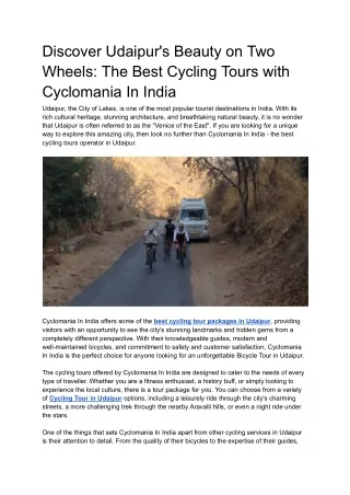 Discover Udaipur's Beauty on Two Wheels: The Best Cycling Tours with Cyclomania
