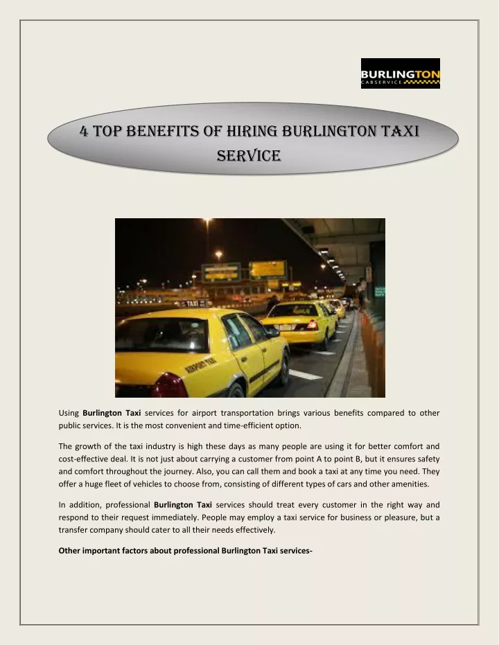 4 top benefits of hiring burlington taxi service