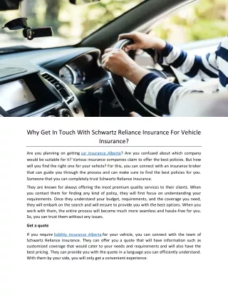 Why Get In Touch With Schwartz Reliance Insurance For Vehicle Insurance