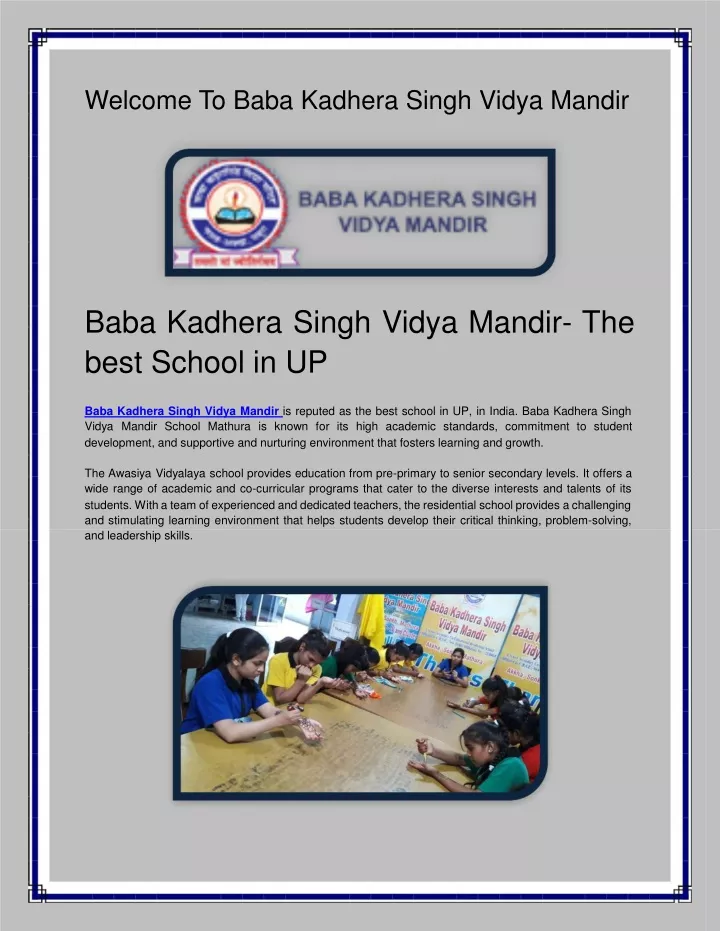 welcome to baba kadhera singh vidya mandir