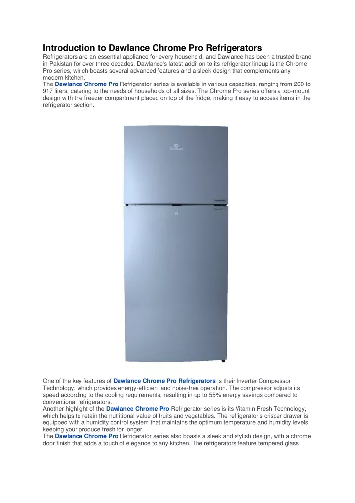 introduction to dawlance chrome pro refrigerators