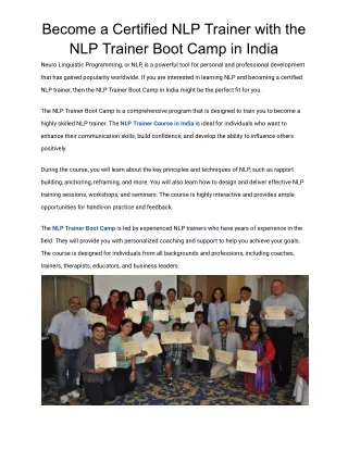 Become a Certified NLP Trainer with the NLP Trainer Boot Camp in India